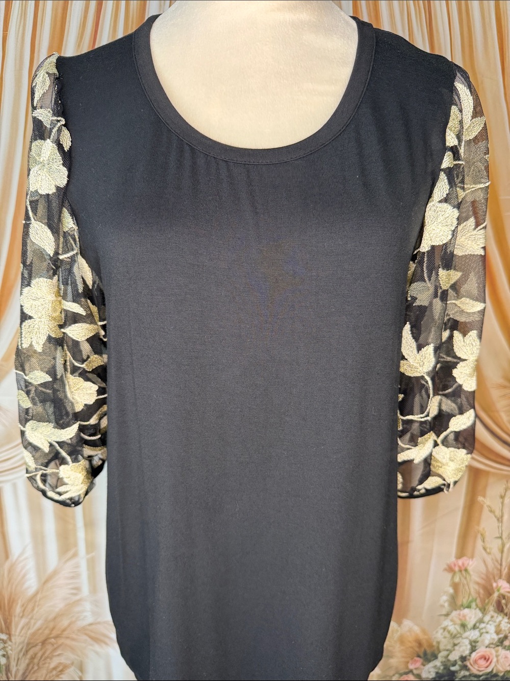 Kim & Cami Black Top with Gold Floral Mesh Sleeves